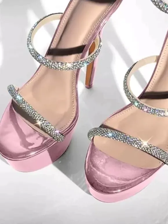 Sandales à talons sexy pour femmes plateforme bout ouvert strass bretelles talons aiguilles