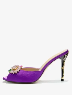 Sandales Chaussures Femmes Cristal Bout Rond Soie Et Satin Slide Talon Aiguille Violet