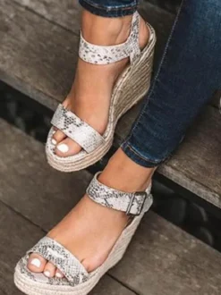 Sandales Compensées à Talons Femme avec Brides Unicolore avec Bout Ouvert