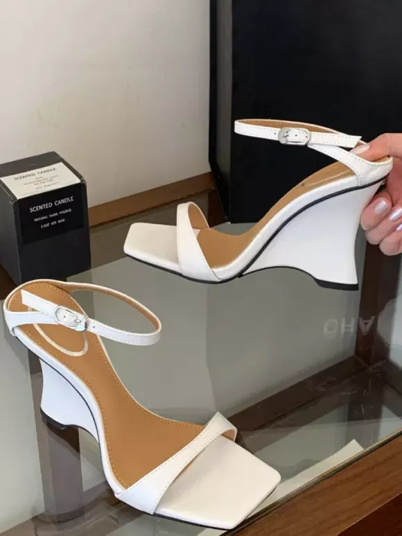 Sandales compensées blanches pour femmes bout ouvert boucle talon compensé
