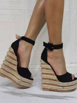 Sandales compensées noires pour femmes belles sandales compensées à bout ouvert micro daim supérieur bride à la cheville