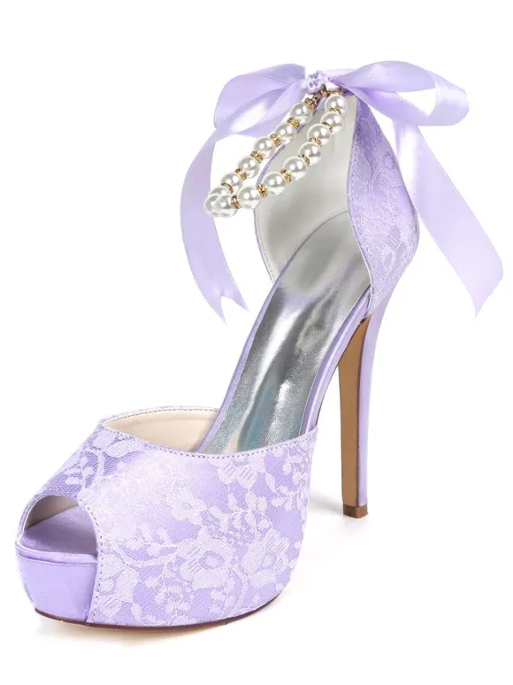 Sandales de mariée bout ouvert talon ivoire en dentelle Chaussures de mariée à lanière décoré de perles