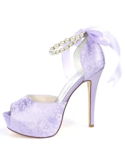 Sandales de mariée bout ouvert talon ivoire en dentelle Chaussures de mariée à lanière décoré de perles