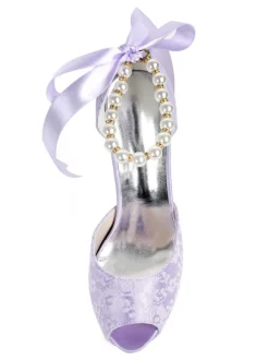 Sandales de mariée bout ouvert talon ivoire en dentelle Chaussures de mariée à lanière décoré de perles