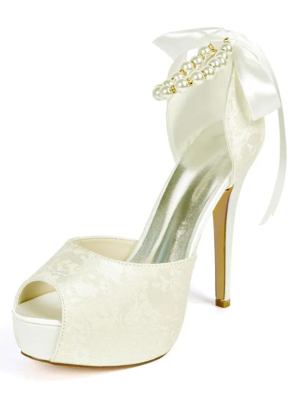 Sandales de mariée bout ouvert talon ivoire en dentelle Chaussures de mariée à lanière décoré de perles