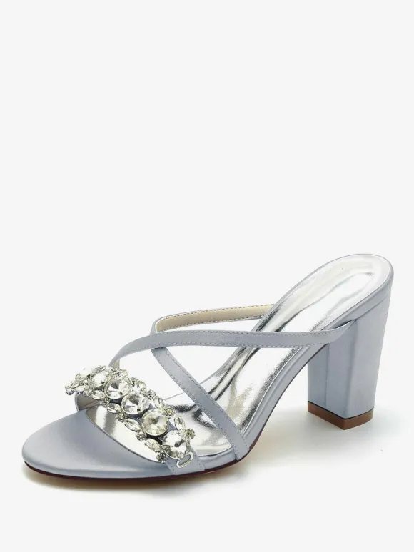 Sandales de mariée Deep Blue Satin Chic Sandales de mariage à bout ouvert et strass