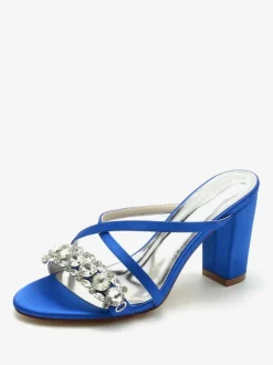 Sandales de mariée Deep Blue Satin Chic Sandales de mariage à bout ouvert et strass