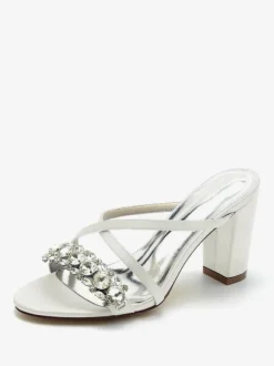 Sandales de mariée Deep Blue Satin Chic Sandales de mariage à bout ouvert et strass