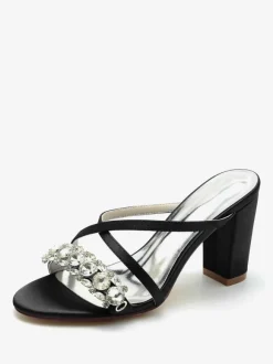 Sandales de mariée Deep Blue Satin Chic Sandales de mariage à bout ouvert et strass