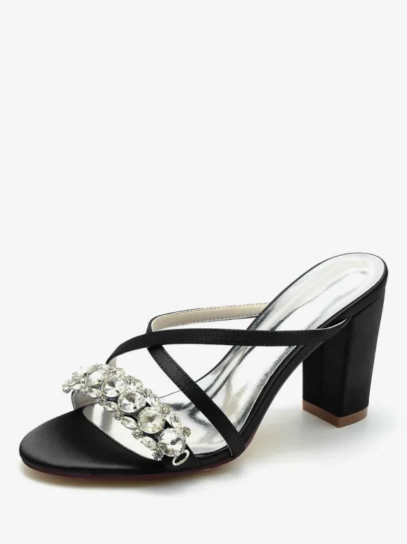 Sandales de mariée Deep Blue Satin Chic Sandales de mariage à bout ouvert et strass