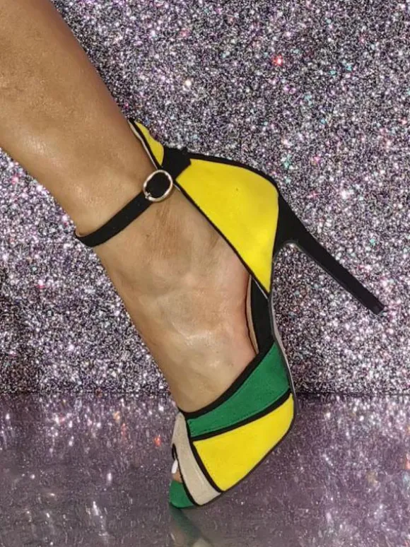 Sandales femme bout ouvert talon haut à lanière bleu jaune