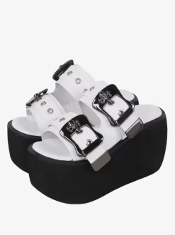Sandales gothiques Lolita détails en métal blanc cuir PU métallisé chaussures d'été Lolita à bout ouvert