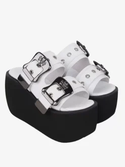 Sandales gothiques Lolita détails en métal blanc cuir PU métallisé chaussures d'été Lolita à bout ouvert