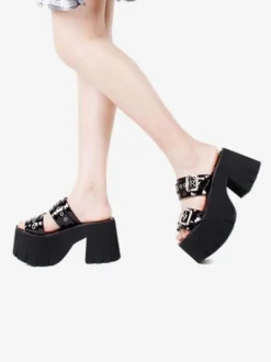 Sandales gothiques Lolita Chaussures Compensées d'été Lolita à bout rond en cuir verni noir Steam Punk