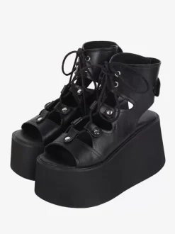 Sandales gothiques Lolita avec 艙illets bout ouvert cuir PU métallique chaussures d'été noires Lolita