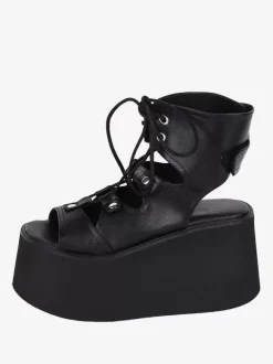 Sandales gothiques Lolita avec 艙illets bout ouvert cuir PU métallique chaussures d'été noires Lolita