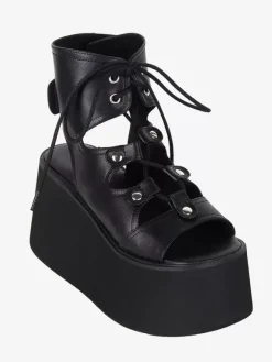 Sandales gothiques Lolita avec 艙illets bout ouvert cuir PU métallique chaussures d'été noires Lolita