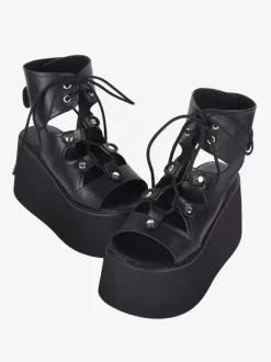 Sandales gothiques Lolita avec 艙illets bout ouvert cuir PU métallique chaussures d'été noires Lolita