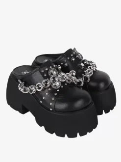 Sandales gothiques Lolita avec 艙illets noirs chaussures d'été en cuir PU métallisé à bout rond