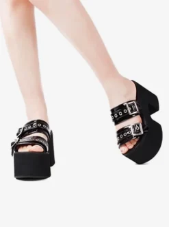 Sandales gothiques Lolita Chaussures d'été Lolita à bout rond en cuir verni noir