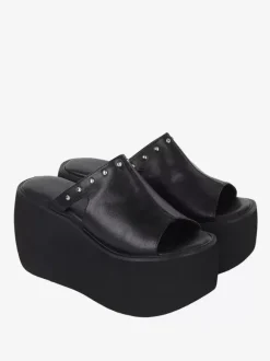 Sandales gothiques Lolita à rivets bout ouvert imprimé floral cuir PU chaussures d'été noires Lolita