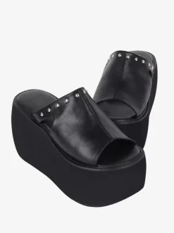 Sandales gothiques Lolita à rivets bout ouvert imprimé floral cuir PU chaussures d'été noires Lolita