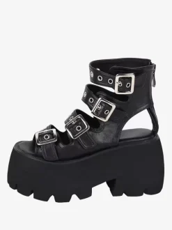 Sandales gothiques Lolita avec 艙illets bout ouvert cuir PU métallique chaussures d'été noires Lolita
