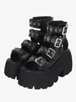 Sandales gothiques Lolita avec 艙illets bout ouvert cuir PU métallique chaussures d'été noires Lolita