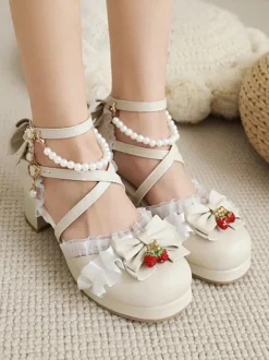 Sandales Lolita douces arcs bout rond talon épais en cuir PU rose Lolita été bride à la cheville talons