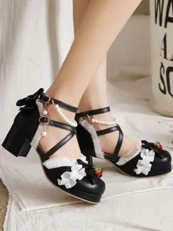 Sandales Lolita douces arcs bout rond talon épais en cuir PU rose Lolita été bride à la cheville talons