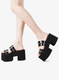 Sandales Lolita Gothiques Bout Rond Vernis PU Supérieure Chaussures Compensées d'été Lolita Noires Steam Punk