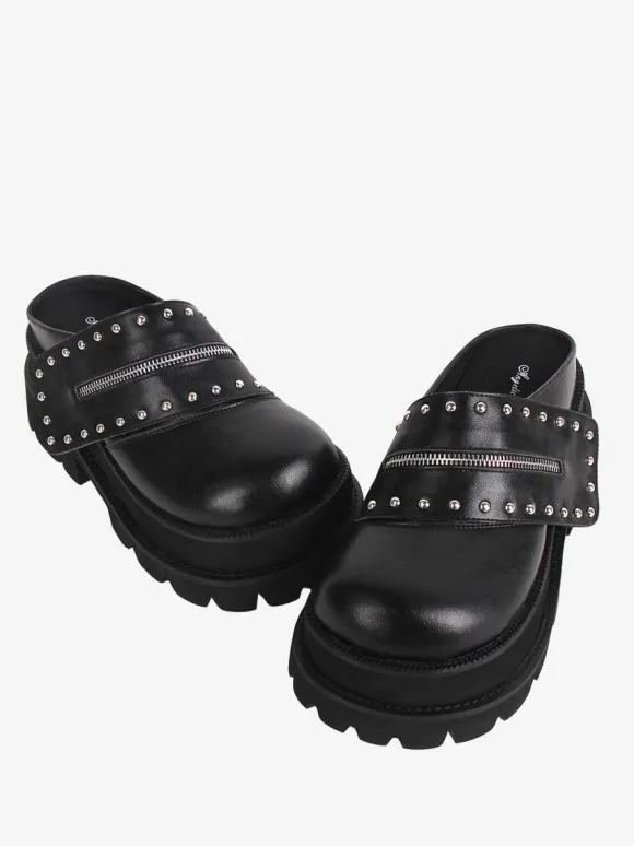 Sandales Lolita Gothiques Rivets Bout Rond En Cuir PU Chaussures Compensées D'été Lolita Noires Steam Punk