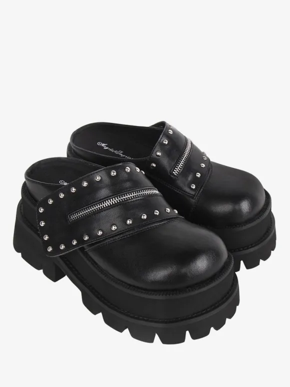 Sandales Lolita Gothiques Rivets Bout Rond En Cuir PU Chaussures Compensées D'été Lolita Noires Steam Punk