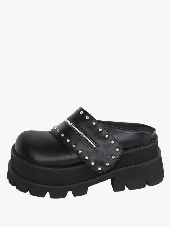 Sandales Lolita Gothiques Rivets Bout Rond En Cuir PU Chaussures Compensées D'été Lolita Noires Steam Punk