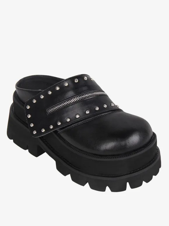 Sandales Lolita Gothiques Rivets Bout Rond En Cuir PU Chaussures Compensées D'été Lolita Noires Steam Punk