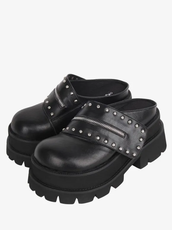 Sandales Lolita Gothiques Rivets Bout Rond En Cuir PU Chaussures Compensées D'été Lolita Noires Steam Punk