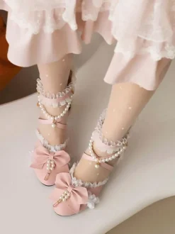 Sandales Mignonne Lolita n艙uds perles volants bout rond cuir PU chaussures d'été Lolita blanches