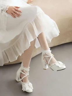 Sandales Mignonne Lolita n艙uds perles volants bout rond cuir PU chaussures d'été Lolita blanches