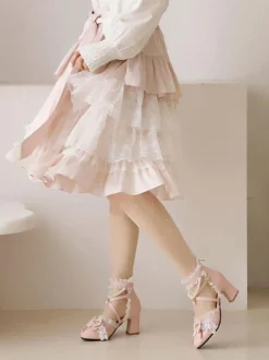 Sandales Mignonne Lolita n艙uds perles volants bout rond cuir PU chaussures d'été Lolita blanches