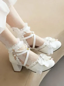 Sandales Mignonne Lolita n艙uds perles volants bout rond cuir PU chaussures d'été Lolita blanches