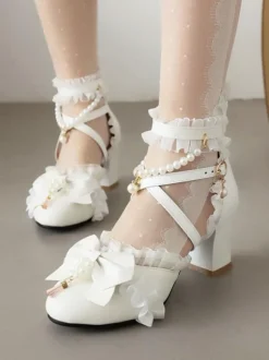 Sandales Mignonne Lolita n艙uds perles volants bout rond cuir PU chaussures d'été Lolita blanches