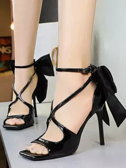 Sandales noires à talons aiguilles bout ouvert n艙ud chaussures à talons aiguilles