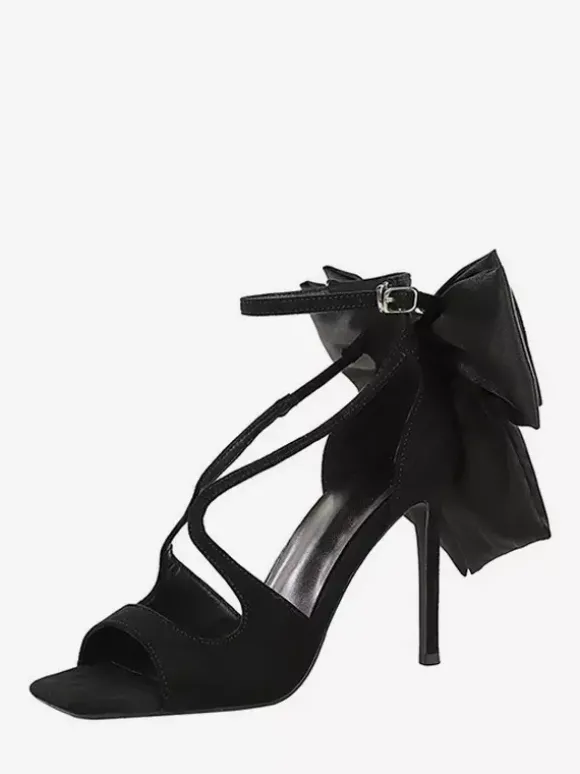 Sandales noires à talons aiguilles bout ouvert n艙ud chaussures à talons aiguilles