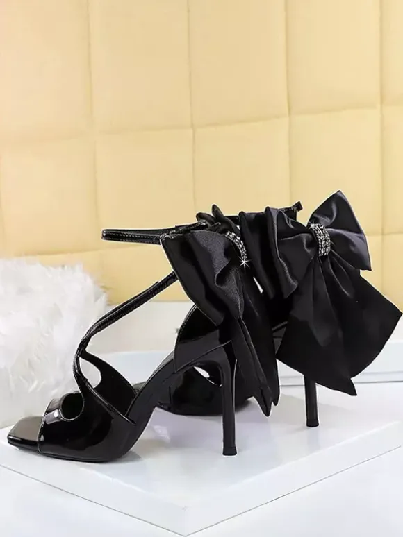 Sandales noires à talons aiguilles bout ouvert n艙ud chaussures à talons aiguilles
