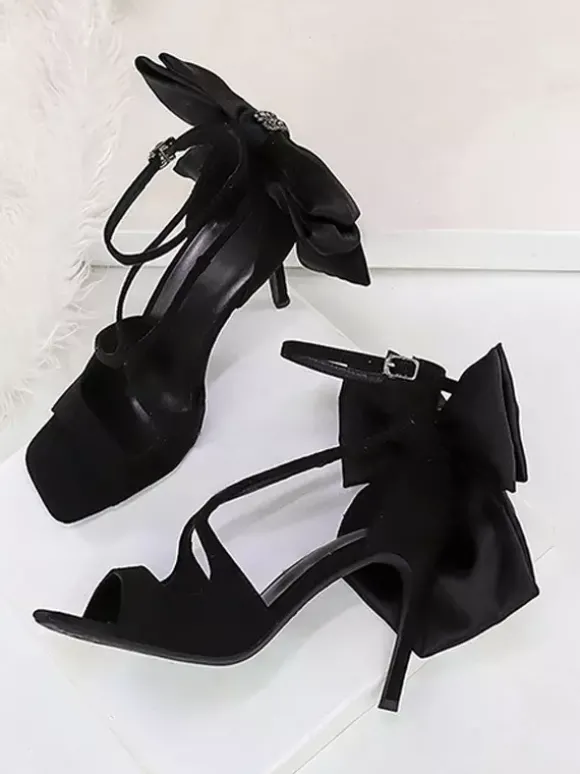 Sandales noires à talons aiguilles bout ouvert n艙ud chaussures à talons aiguilles