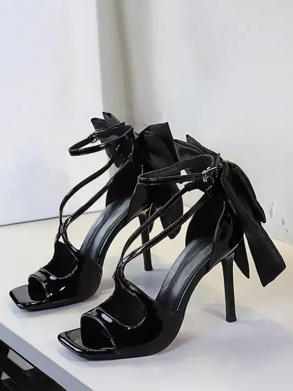Sandales noires à talons aiguilles bout ouvert n艙ud chaussures à talons aiguilles