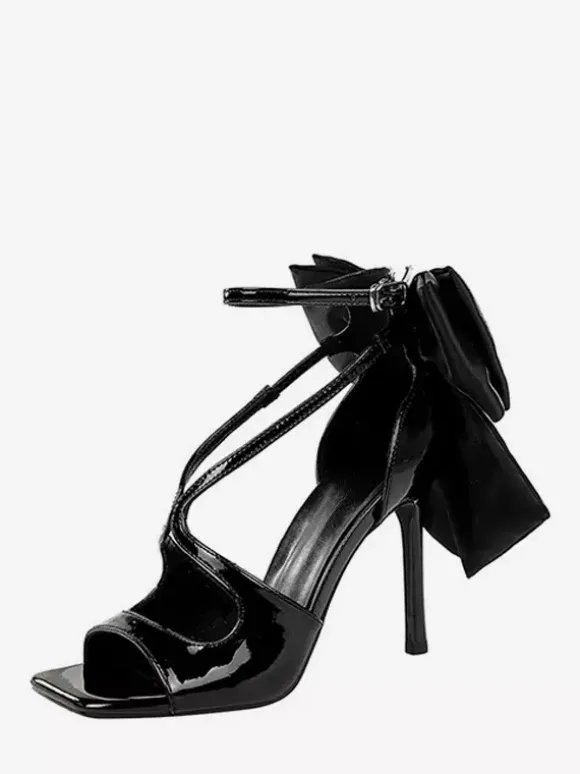 Sandales noires à talons aiguilles bout ouvert n艙ud chaussures à talons aiguilles