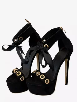 Sandales noires à talons hauts pour femmes bout ouvert découpes lacets