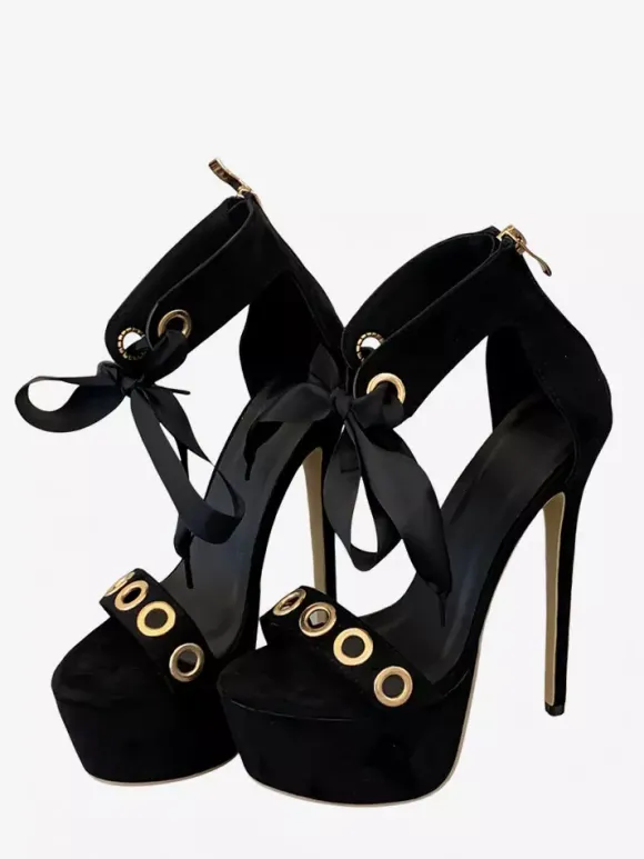 Sandales noires à talons hauts pour femmes bout ouvert découpes lacets