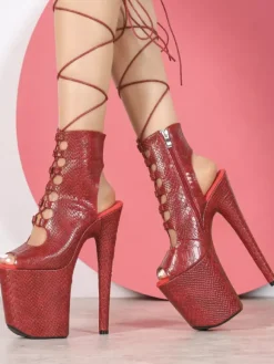 Sandales noires sexy à plateforme bout ouvert lacées à talons hauts et lacets